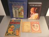 three books on a table with a picture of a woman in a yellow dress