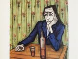 un tableau représentant un homme assis à une table avec une bouteille de bière