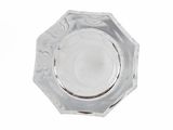 clear glass ashtray with a silver rim on a white background