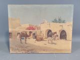 tableau représentant des chameaux devant un bâtiment avec un parasol rouge