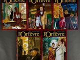 three covers of the novels of orfevre d ' orfevre, with a man in a tuxedo and a woman in a tuxedo