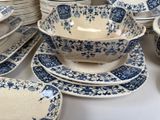 a lot of blue and white plates and bowls on the table