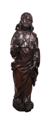 Saint Jacques en bois sculpté, dos évidé. Debout et bénissan…