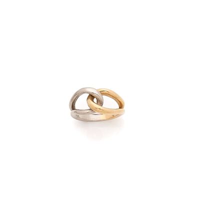 a close up of a gold and silver ring on a white surface