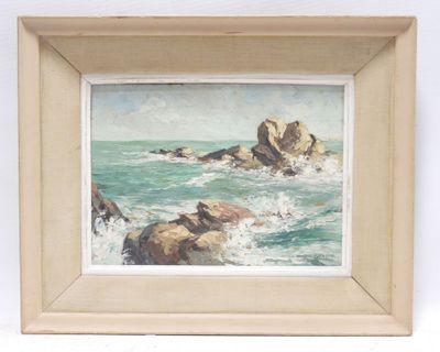 painting of rocks in the ocean with waves crashing against them