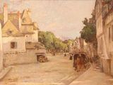 a painting of a horse drawn carriage on a street