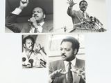 several black and white photos of a man speaking into microphones
