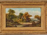 un tableau représentant un paysage rural avec une maison et des arbres