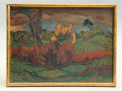 une image d'un tableau représentant un paysage avec des arbres au premier plan