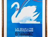une vieille affiche représentant un cygne blanc sur fond bleu