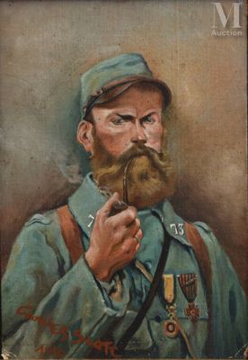 tableau représentant un homme en uniforme fumant la pipe et tenant une pipe