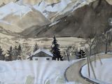 a picture of a painting of a snowy mountain scene