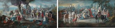 deux photos d'un tableau représentant un groupe de personnes à cheval