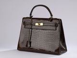 a brown crocodile skin handbag with gold hardware on a white background