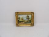 peinture à l'huile miniature représentant une scène champêtre avec une maison et un ruisseau