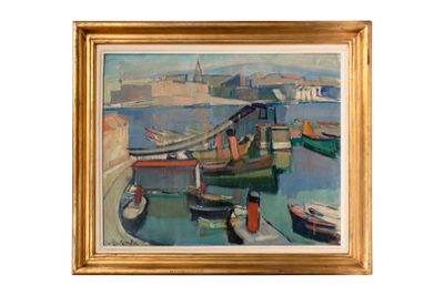 un tableau représentant des bateaux dans un port, avec un pont en arrière-plan