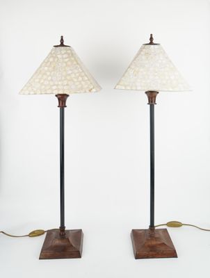 a pair of lamps on wooden bases with a white shade