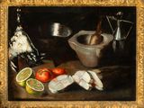 a painting of a still life with fish, lemons, and a mortar