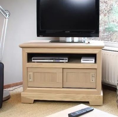 Meuble TV haut en chêne massif couleur amande, 2 portes, dim…