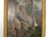 an oil painting of a rocky landscape with a waterfall in the distance