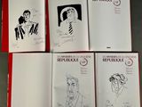four books with drawings of a man and a woman on them