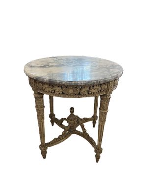 une image d'une table avec un plateau en marbre sur un fond blanc