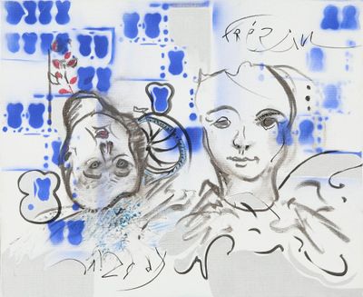 dessin représentant une femme et un chat dans un tableau bleu et blanc