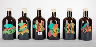 six bottles of wine with colorful labels are lined up in a row
