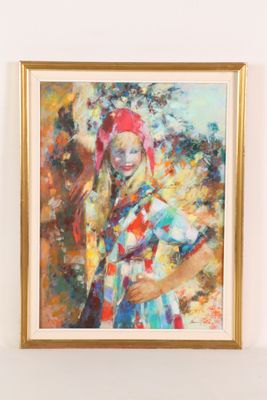 painting of a woman in a colorful dress with a horse in the background