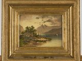 a painting of a landscape with a lake and mountains in the background