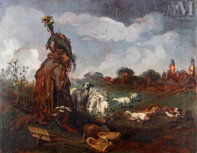 tableau représentant une femme à cheval dans un champ parsemé de moutons
