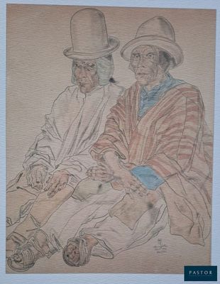 tableau représentant deux hommes assis par terre, coiffés de chapeaux et portant des écharpes autour du cou