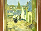 painting of a view of a town with a horse drawn carriage
