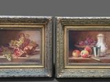 two framed paintings of fruit and a vase on a table