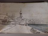 an old book with a drawing of a town in the middle of it