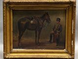 une peinture à l'huile représentant un homme assis à cheval à côté d'un homme en uniforme