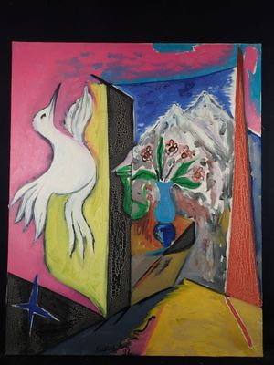 a painting of a bird and a vase of flowers on a table