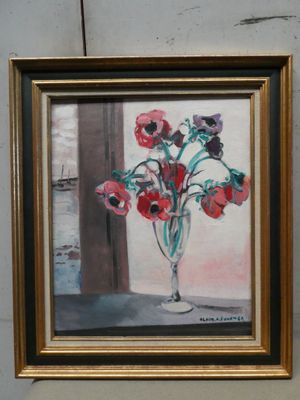a painting of flowers in a vase on the wall