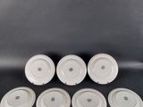 six white plates are arranged in a row on a black surface