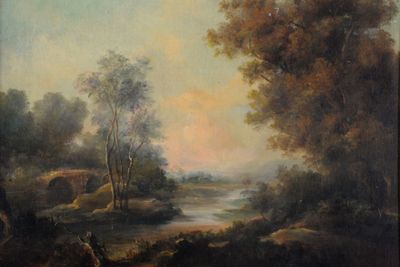 painting of a river scene with a man and a dog by a stream