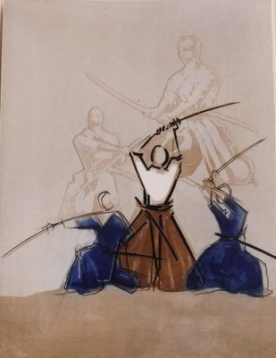 drawing of a man holding a sword in front of two other men