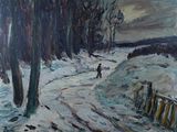 painting of a man walking down a snowy path in the woods