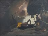 a painting of a woman laying in a bathtub