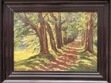 an oil painting of a path in the woods with trees
