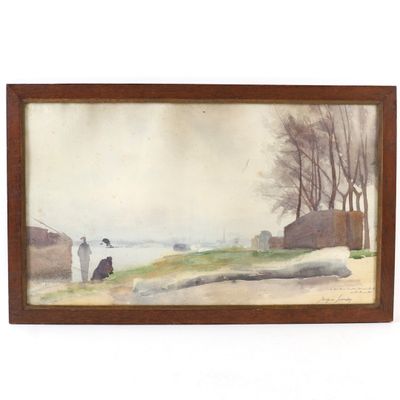aquarelle encadrée représentant un couple au bord d'une rivière, avec un bateau en arrière-plan