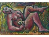 an oil painting of a nude woman laying down in the grass