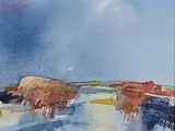 a watercolor painting of cows walking down a road