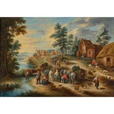 une peinture à l'huile représentant une scène de vie à la ferme, avec des personnages et des animaux au bord d'une rivière