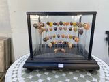 a display of donuts in a glass case on a table