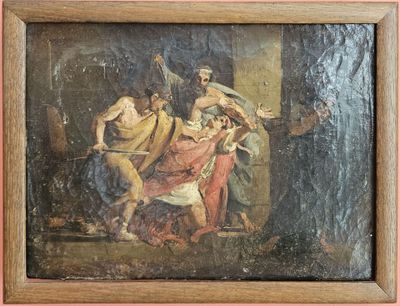 une image d'un tableau représentant un groupe de personnes dans une pièce
